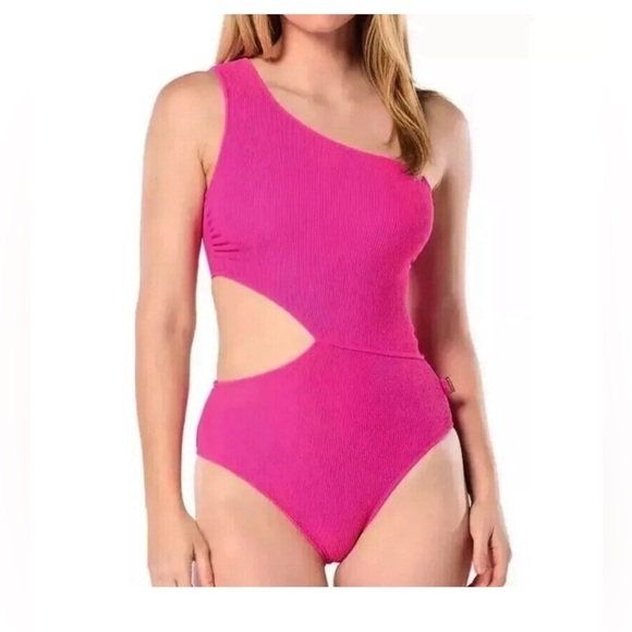 NWT Michael Kors Women's One-Shoulder Side-Cutout Swimsuit Cerise size…12 - Picture 2 of 7